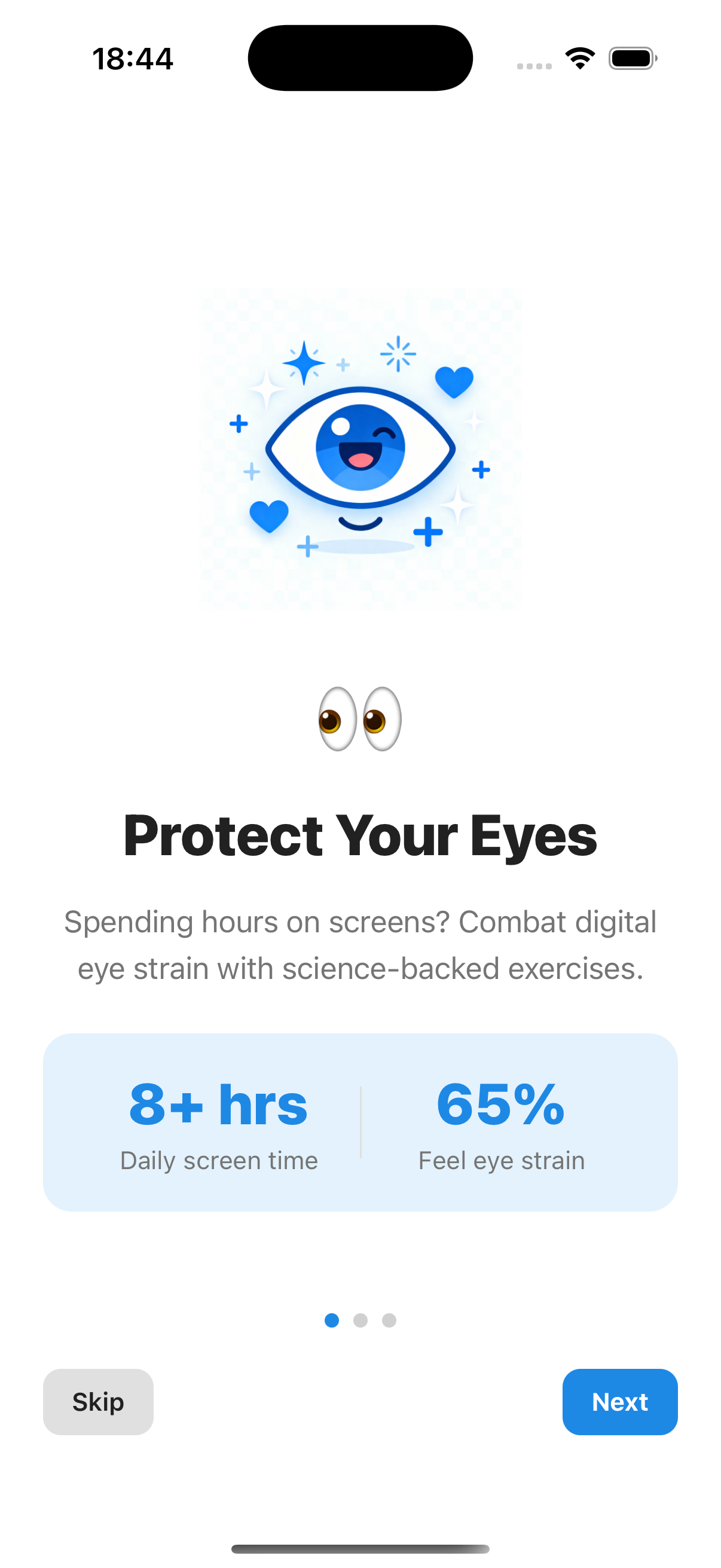 Eye Reset home screen showing exercise options